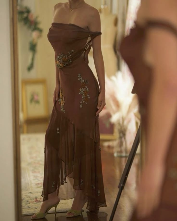 Elegant Off The Shoulder Brown Chiffon Beaded Mermaid Party Dress Long Evening Gown Birthday Dress
