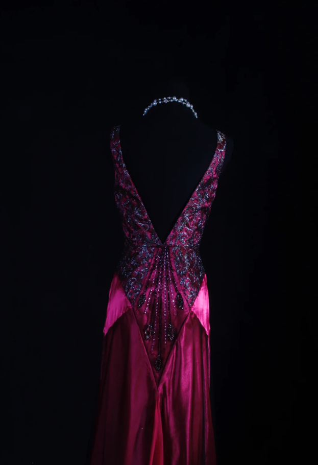 Charming V Neck Hot Pink Satin Beaded Mermaid Long Party Dress Birthday Evening Gown