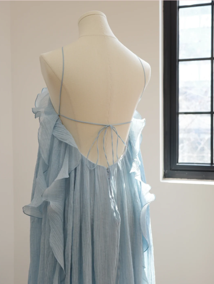 Pretty Spaghetti Straps Blue Chiffon Ruffle Long Party Dress Prom Gown