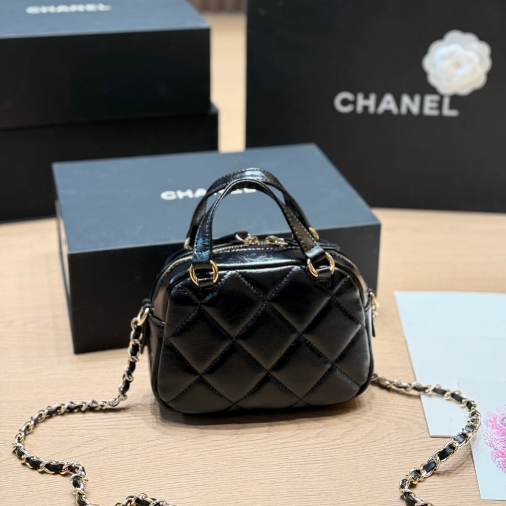 Chanel Mini Bowling Bag Shiny And Gold Tone Black 18cm