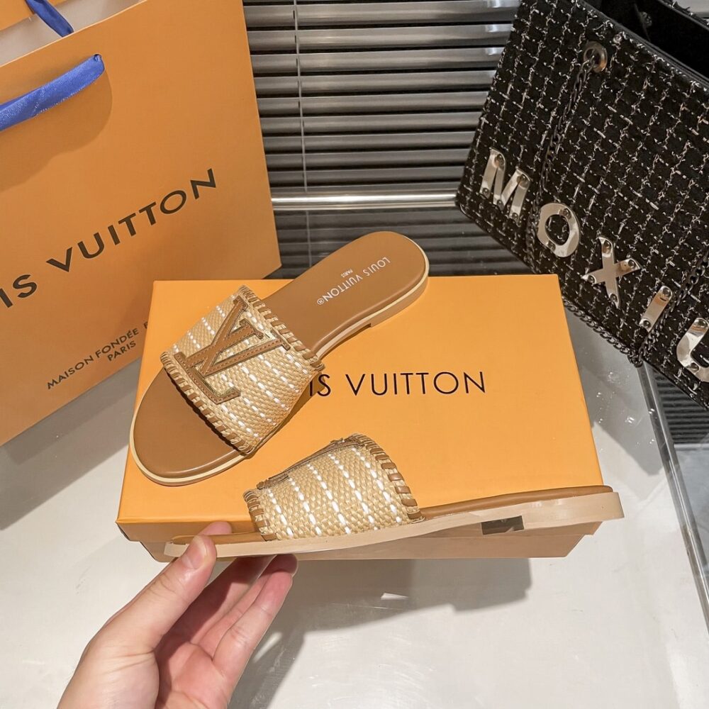 Louis Vuitton Lock It Flat Raffia Mules Brown