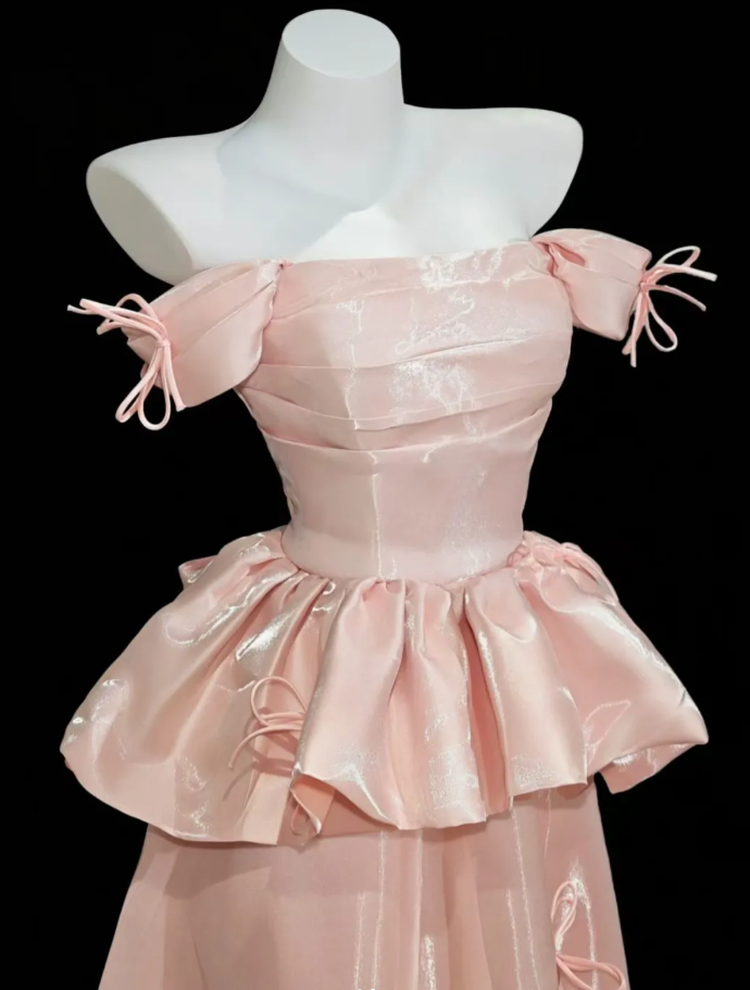 Pretty Pink Off The Shoulder Satin Long Birthday Party Dress Prom Gown With Bow