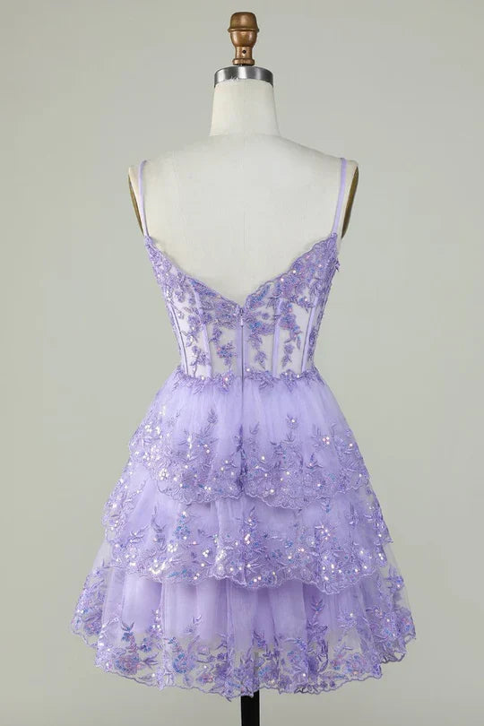 Charming Lilac Lace Sequined Appliqued Design A-line Mini Spaghetti Strap Homecoming Dress TP3605