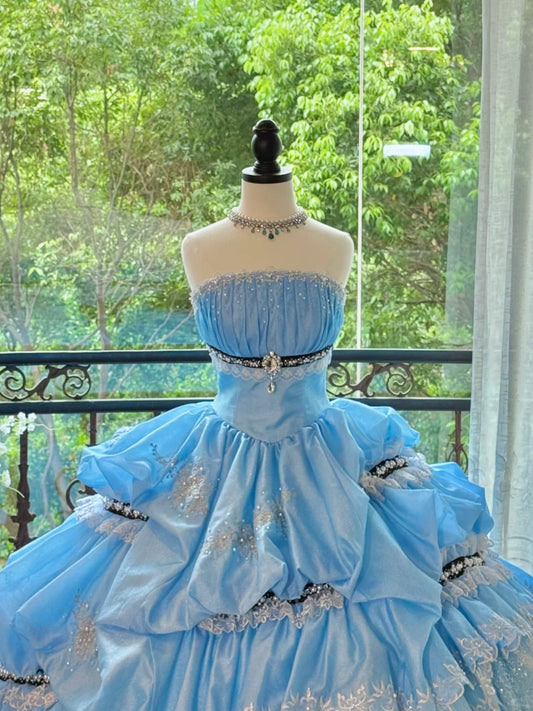 Girlhomeshops-Blue Gorgeous Elegant Sweet Long Tulle Quinceanera Dresses Ball Gown Graduation Dress Princess gh5004