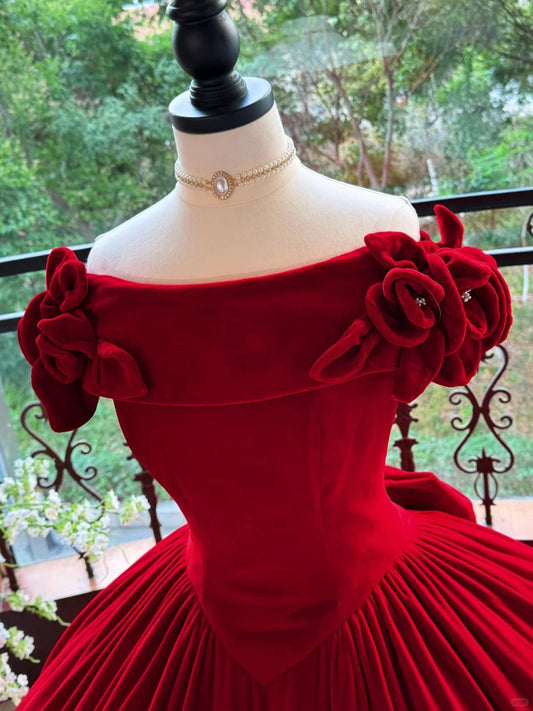 Girlhomeshops-Burgundy Elegant Retro Long Velvet Quinceanera Dresses Prom Dress Graduation Dress Princess gh5005