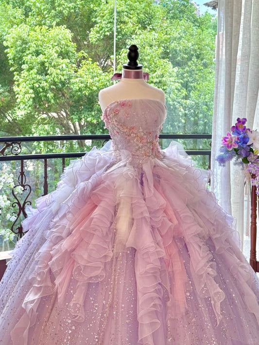 Girlhomeshops-Quinceanera Dresses Pink Purple Gorgeous Elegant Shiny Floral Sequin Long Tulle Prom Dress Graduation Dress gh5001
