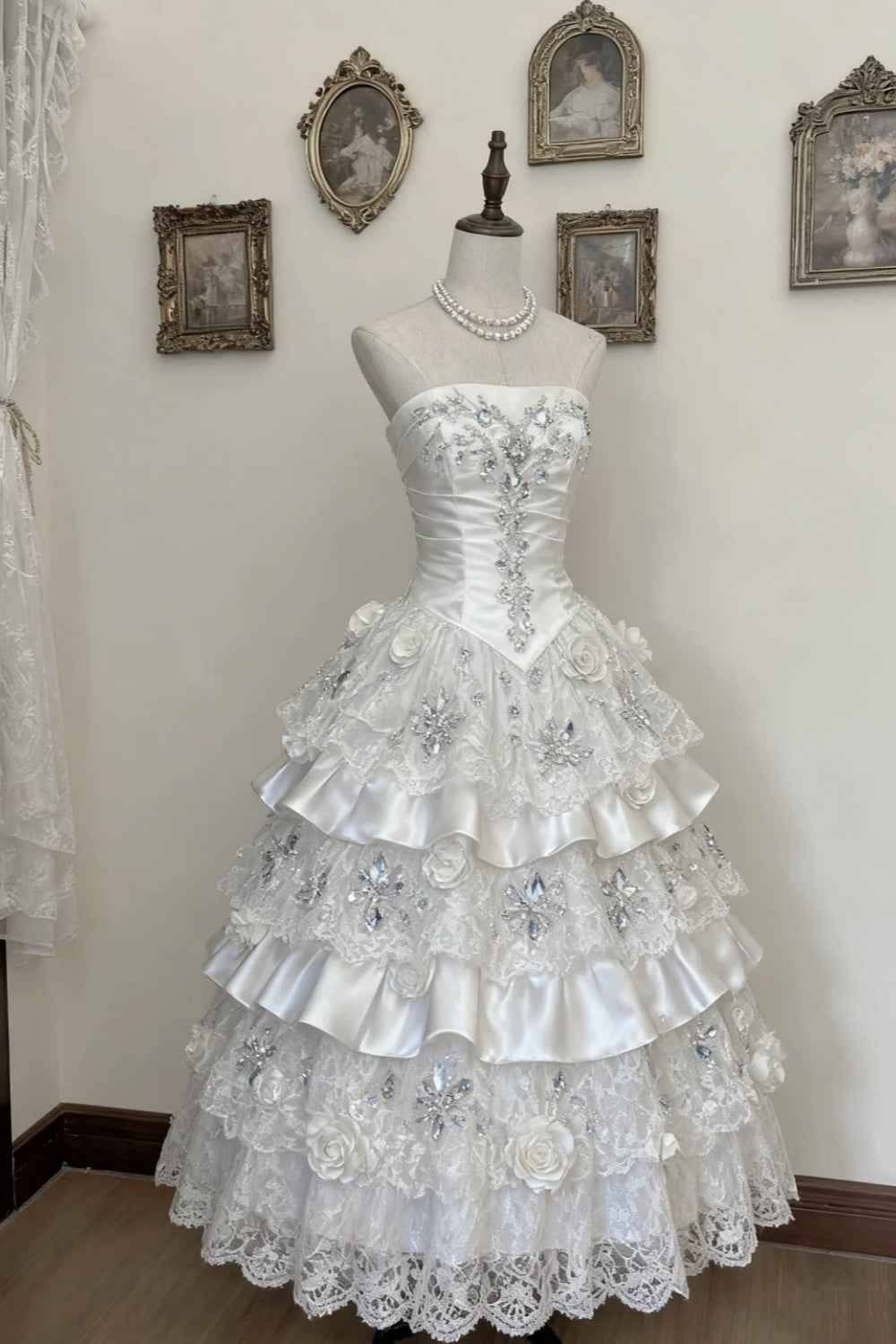 girlhomeshops-Romantic Tea - Party Atmosphere Style:White Satin & Lace & Rhinestone 3D Floral Strapless Floor - Length Birthday Fantasy Dress gh5892