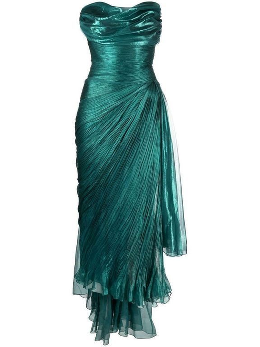 Unique Green Strapless Tulle Ruched Evening Gown Long Party Prom Dress cc2179