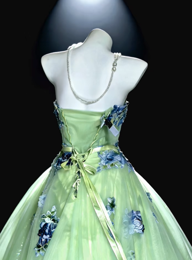 Fairy Strapless Ball Gown Green Tulle Embroidery Appliques Long Birthday Party Dress Prom Gown SP1853