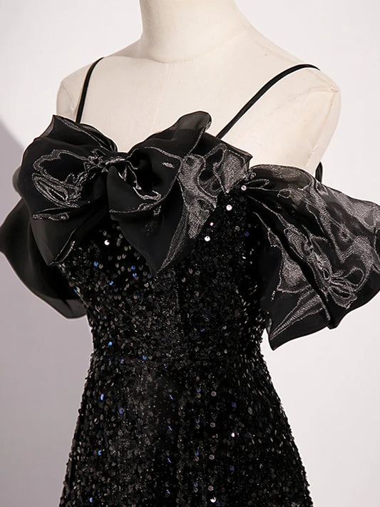 A-line Off Shoulder Velvet Sequin Long Prom Dress, Black Long Formal Dress TP27