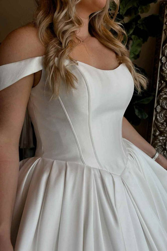 Elegant Off-the-Shoulder Satin Corset Bodice A-Line Wedding Gown TP5901