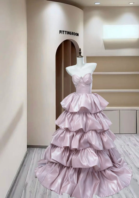 Fairy Strapless Pink Satin Pleated Layered Long Birthday Party Dress Evening Gown