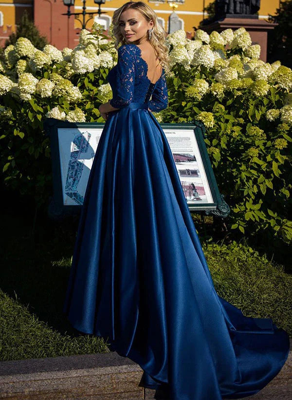A-line/Princess satin lace belt mother of the bride dress