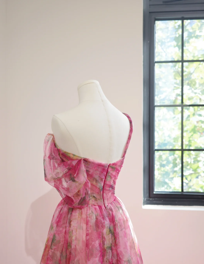 Beautiful Pink Spaghetti Straps Rose Flowers Tulle Long Party Dress Evening Gown