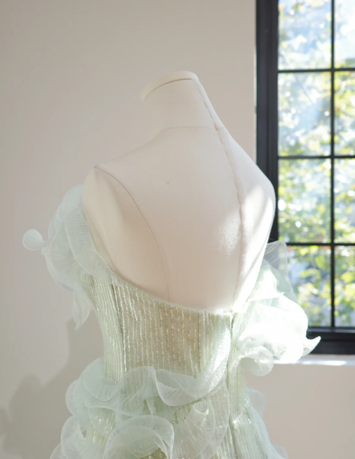 Chic Mint Green Strapless Sequin 3D Tulle Ruffles Mermaid Long Evening Dress Party Gown