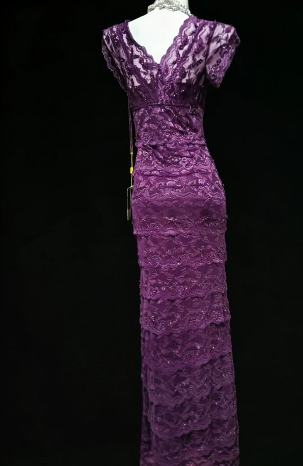 Charming Purple V Neck Lace Layered Mermaid Long Wedding Guest Dress Formal Birthday Party Dress SP1577