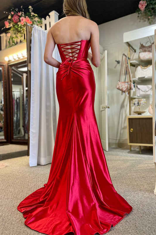 Red Strapless Ruched Mermaid Long Formal Dress with Slit Y6860