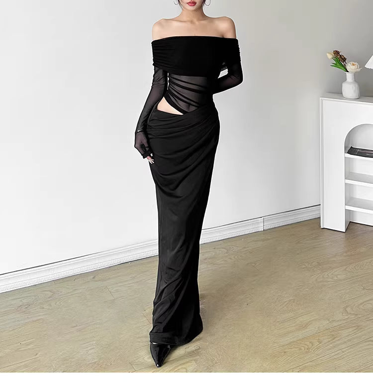 A sophisticated and elegant off-the-shoulder dress with mesh paneling, featuring subtle cutouts and a slimming waist for a flattering autumn look. 11461