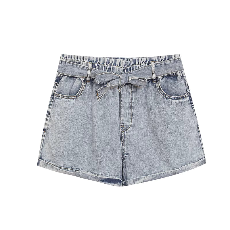 Summer washed distressed 100% cotton elastic waist denim shorts with pockets, casual wide-leg A-line jeans 11374