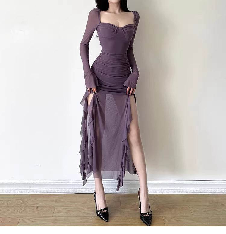 A stunning purple square-neck midi dress with ruffled trim and a slit, perfect for a chic and sexy look. 11463