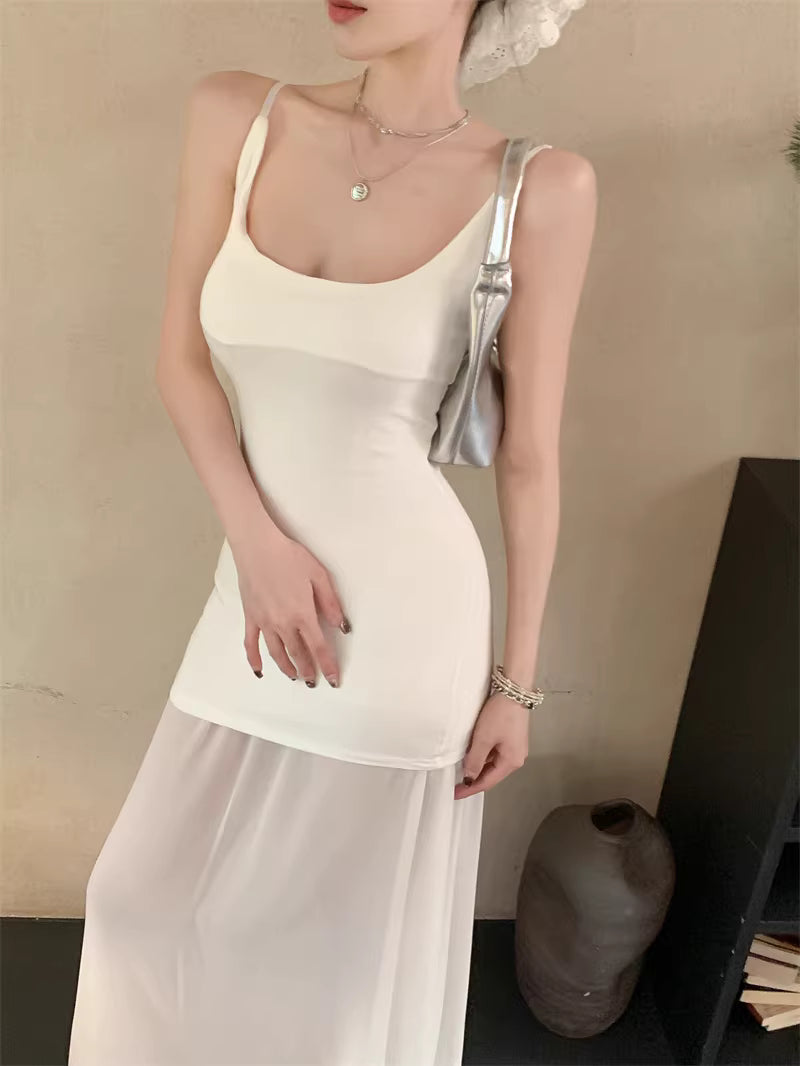 French-style white mesh slip dress, new spring style, elegant and sophisticated, petite and fitted long dress. 11454