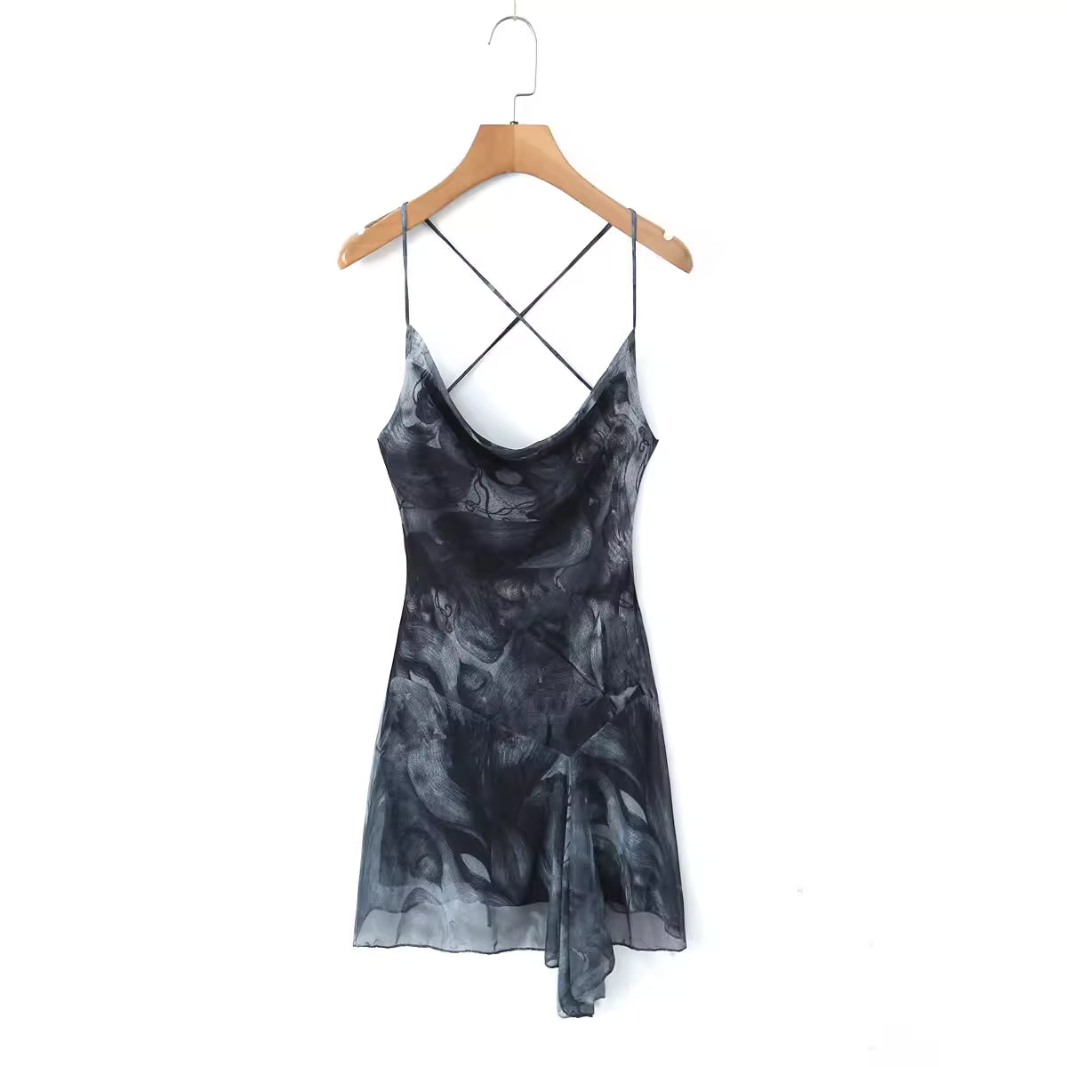 Sexy cross-strap backless halter dress, European and American hot girl tie-dye print mesh irregular waist dress . 11443