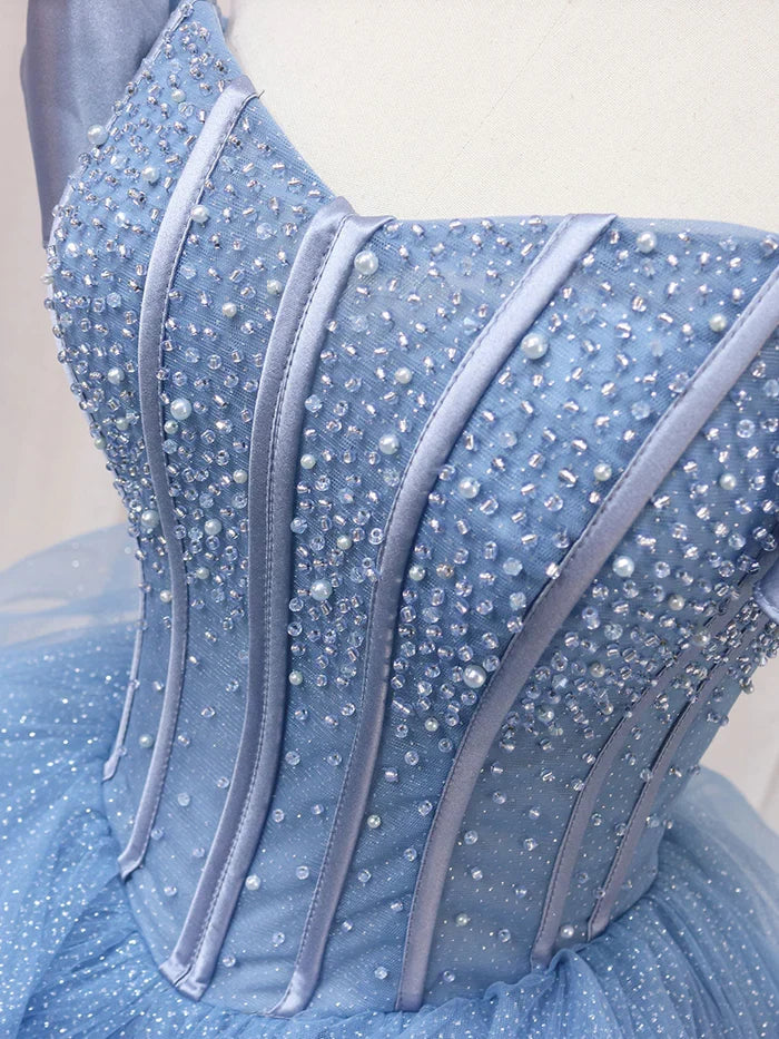 Adult dress A-line blue sheer long ball dress blue sweet dress