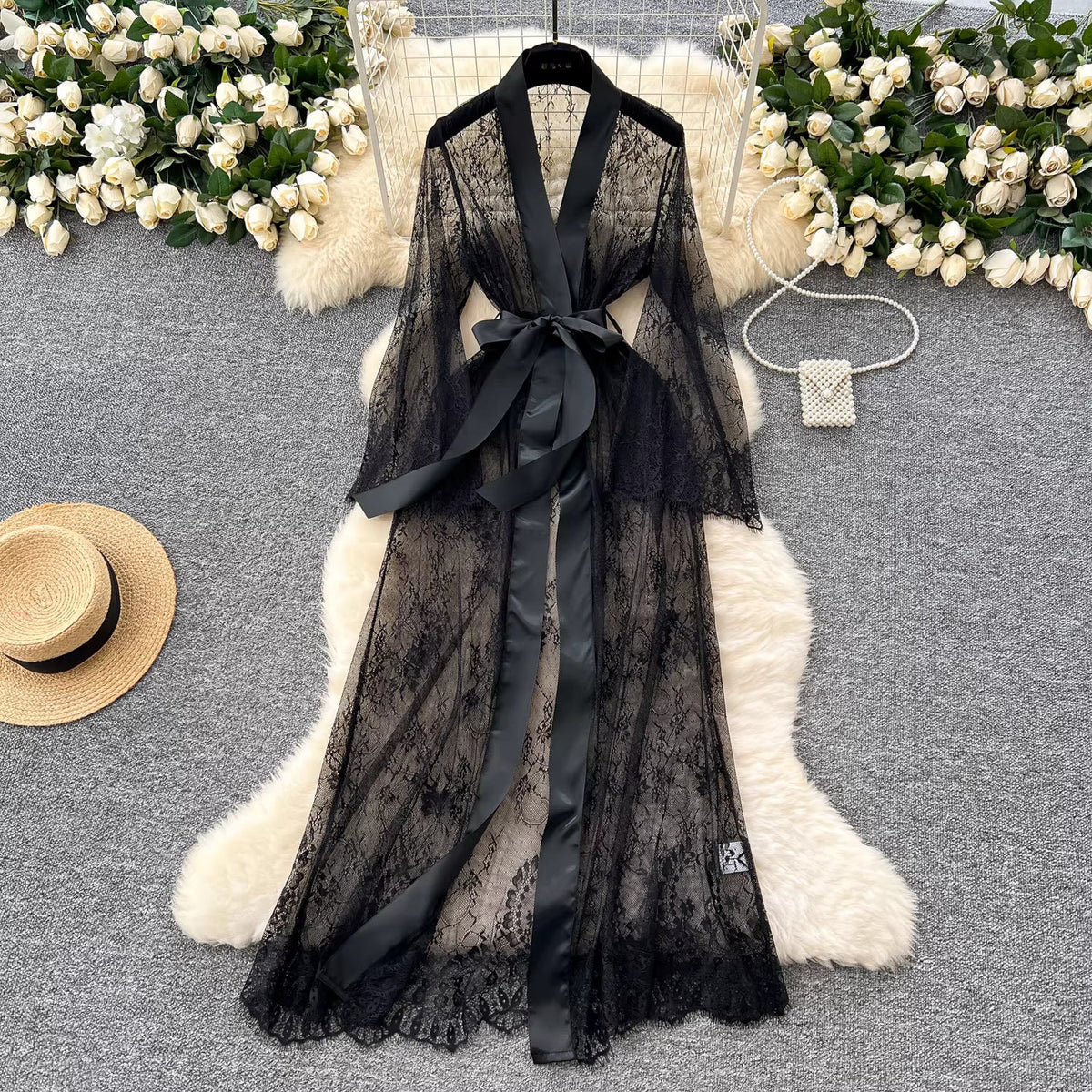 Sexy and elegant thin shawl nightgown/bathrobe for women, with bow tie, fitted waist, flared sleeves, and lace. 11492