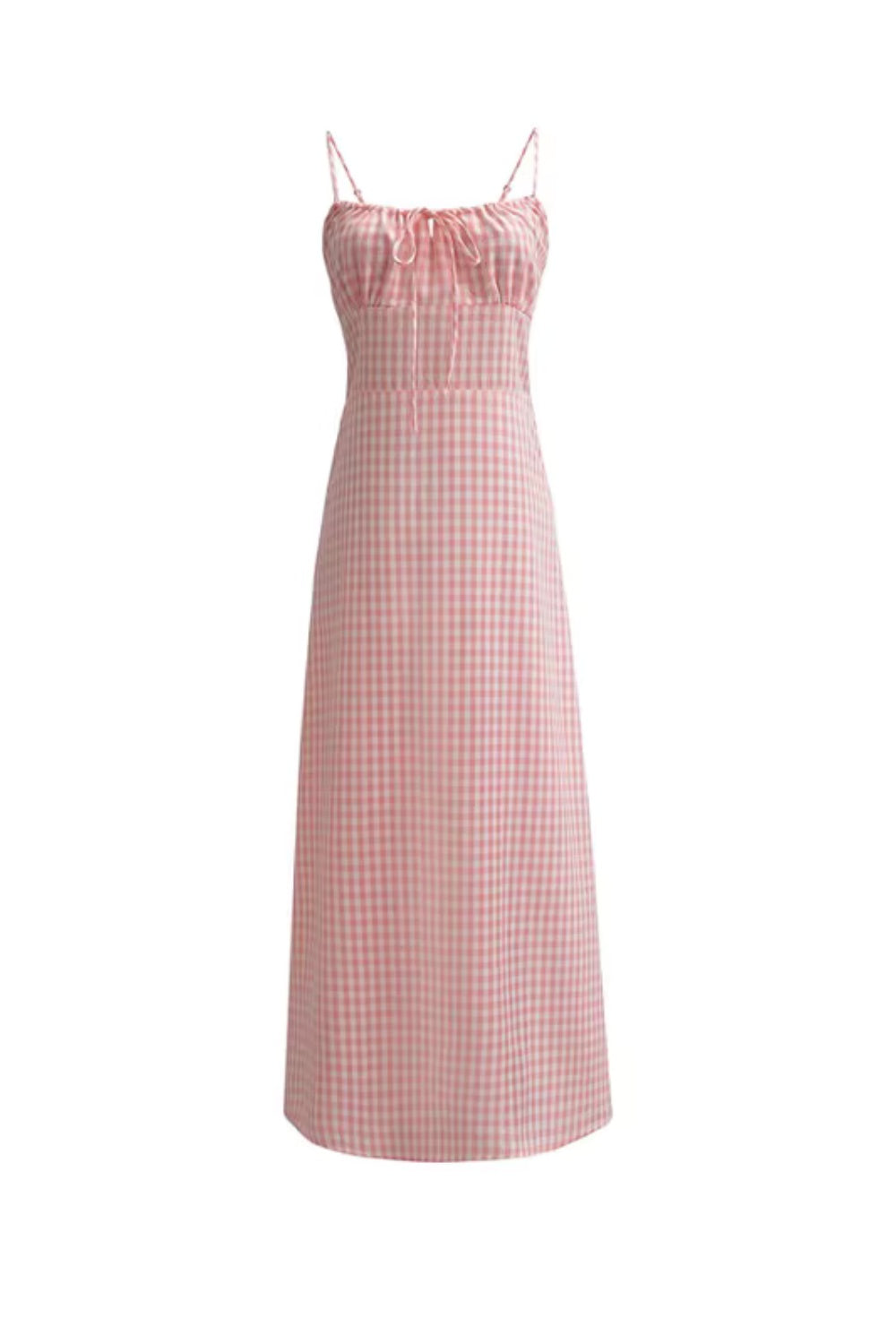 French retro blue plaid halter dress with pleated bodice and tie waist, slimming and flattering long dress 11345