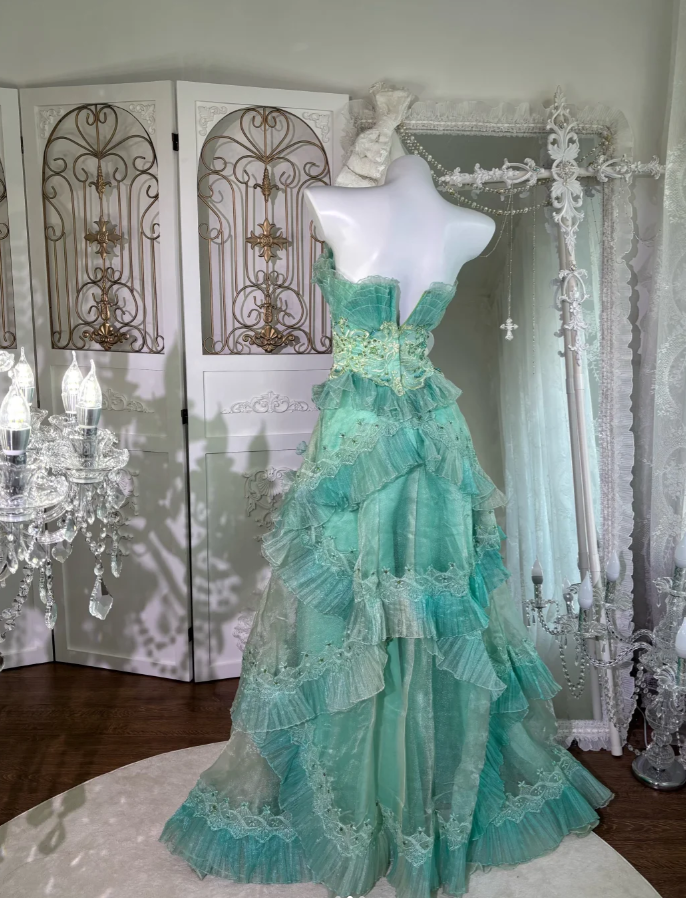Charming Mint Green Tulle Beaded Ruffles Long Wedding Guest Dress Strapless Birthday Party Dress SP1457
