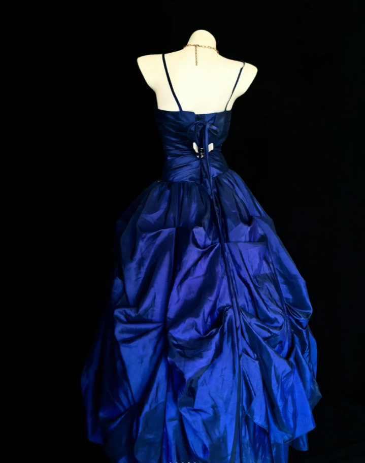 Elegant Spaghetti Straps Satin Pleated Beaded Ball Gown Royal Blue Long Birthday Party Dress SP1640