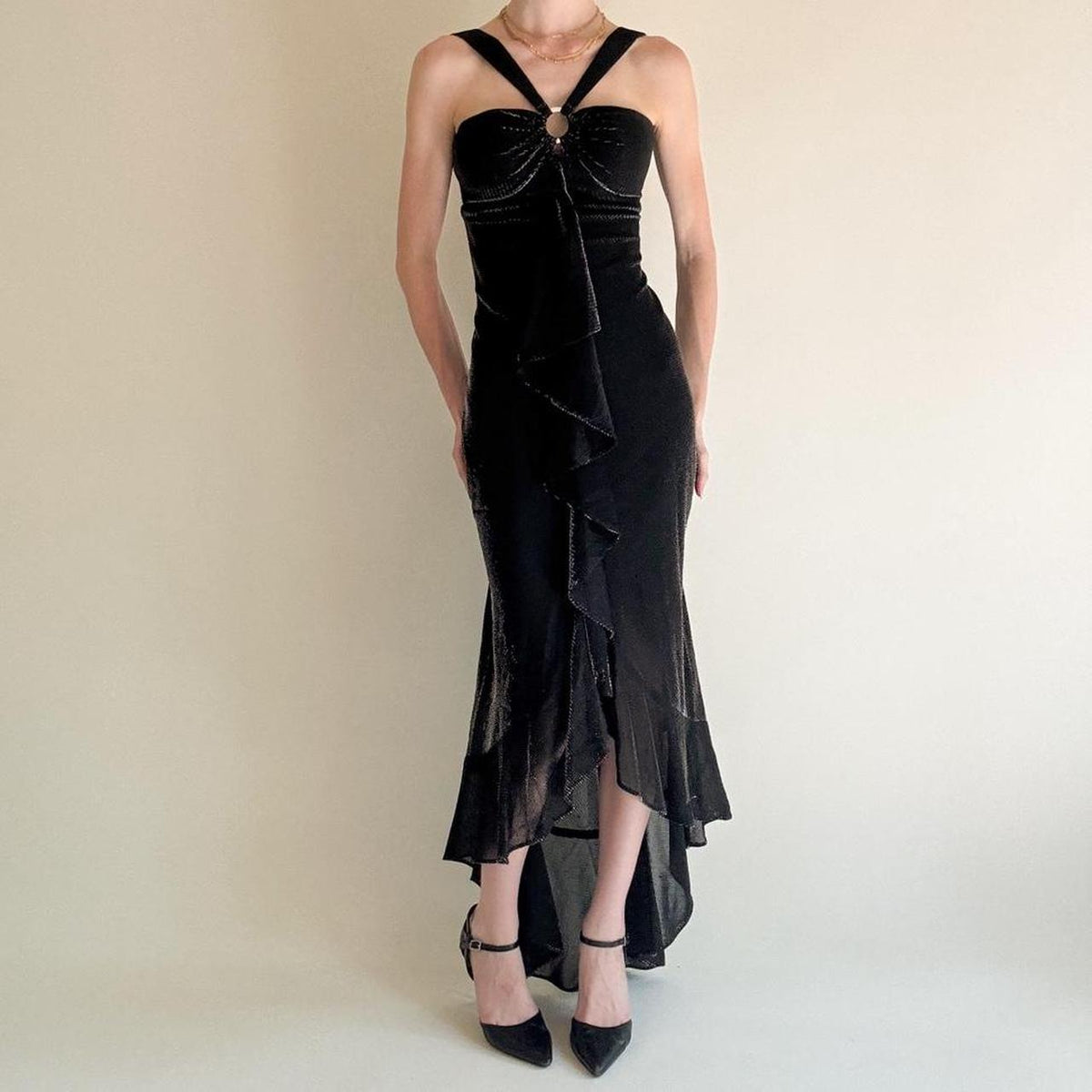 girlhomeshops--Black Ruffled Long Chiffon Prom Dress Graduation Dress gh5646
