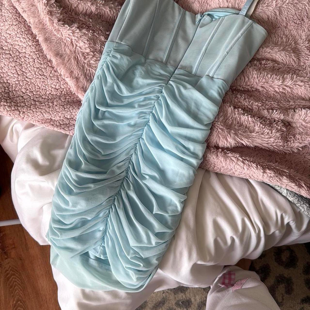 Vintage Light Blue Sweetheart Bodycon Design Spaghetti Strap Homecoming Dress TP3749