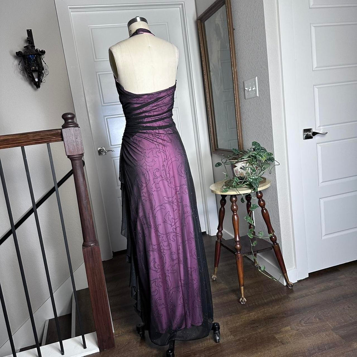 Purple Vintage Fashion Elegant Exquisite Floral Beading Long Black Tulle Ruffle Spaghetti Strap Ball Gown Evening Dress Party Dress Prom Dress gh3678