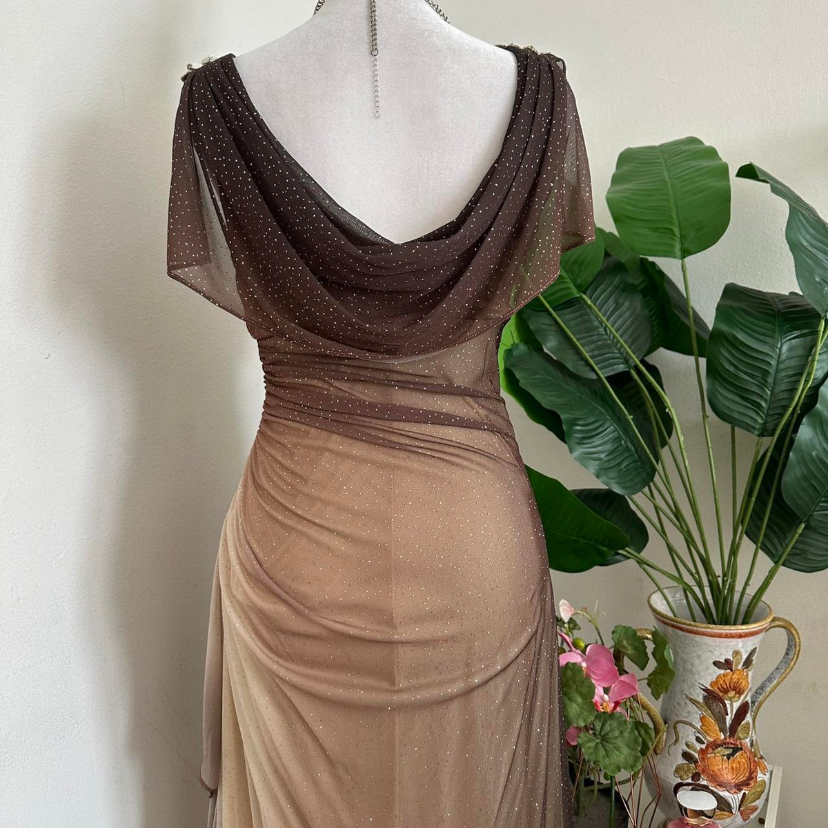 Brown and Cream Sparkly Ombre Stunning Shiny Vintage Fashion Stunning Elegant Delicate Rhinestone Long Chiffon Ball Gown Evening Gown Birthday Party Gown Fairy Ball Gown Graduation Gown gh3891