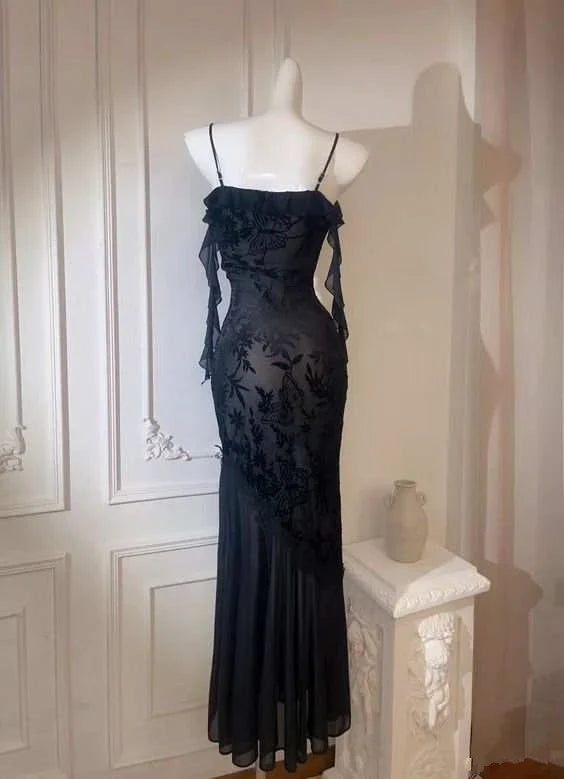 Enchanting Black Sheer Mermaid Prom Dress Floral Applique Evening Gown TP5699