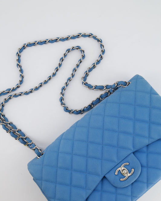 *FIRE PRICE* Chanel Blue Jumbo Classic Double Flap Bag in Caviar Nubuck Leather with Silver Hardware 