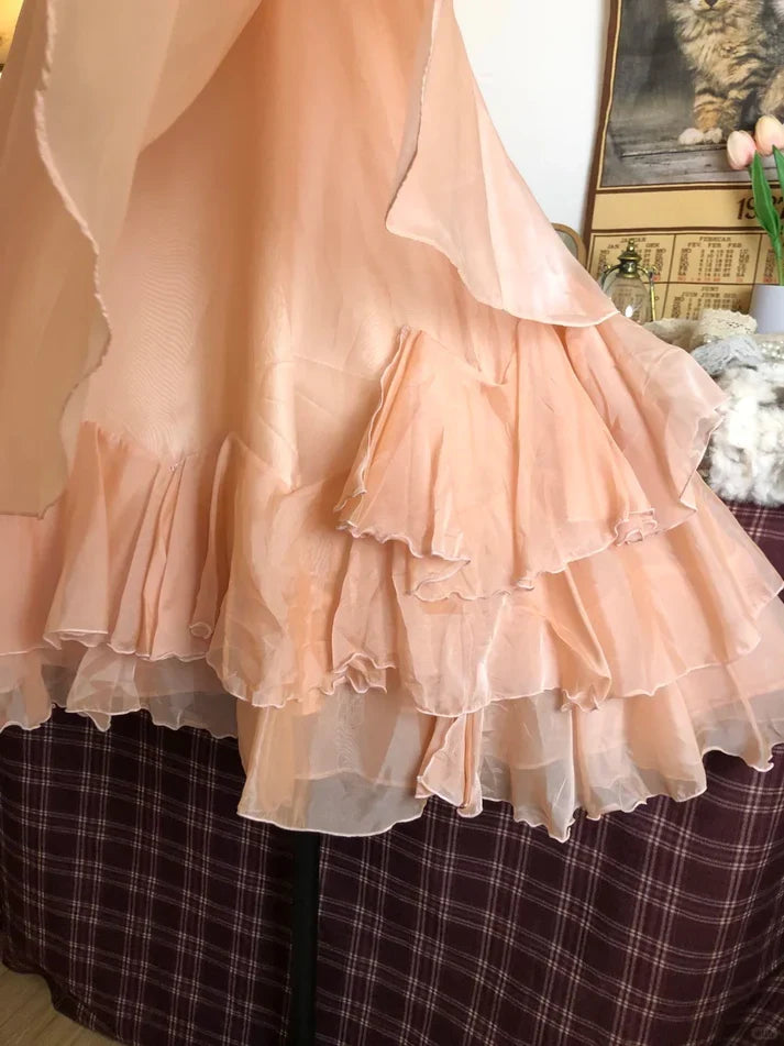 Vintage Champagne Sweetheart Halter Dress Design A-line Chiffon Party Dress Homecoming Dress TP4083