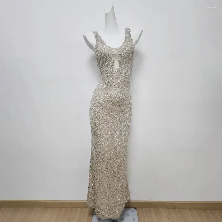 Elegant Champagne Glittering Sequin Beaded Halter-neck Mermaid Prom Dress Party Dress Evening Dress TP4501