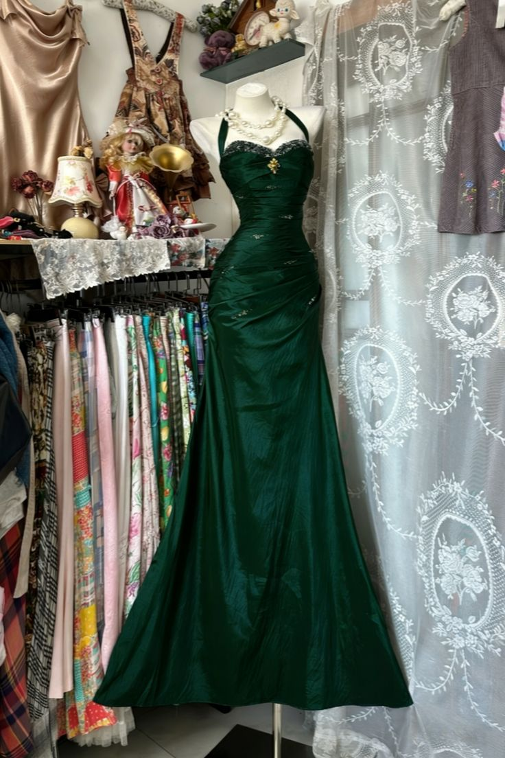 Vintage Blue Halter Satin Beaded Mermaid Evening Dress Prom Gown Long Wedding Guest Dress SP1473
