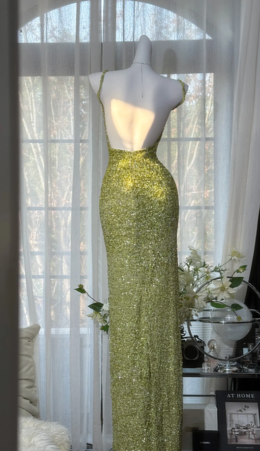 Glitter Spaghetti Straps Green Sequin Sheath Long Wedding Guest Dress Backless Evening Dress Birthday Dress SP1666