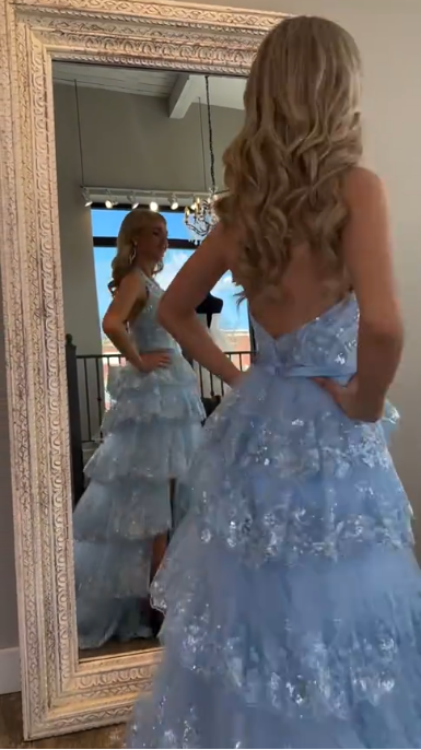girlhomeshops-Blue Long Princess Shiny Sequins Long Tulle Ball Gown Graduation Dress gh5926