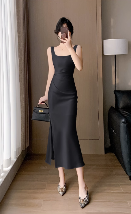 Vintage Simple Design Slim Spaghetti Strap Dress TP3058