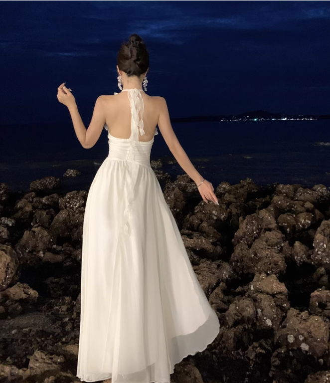 Elegant V-neck Design Beige Chiffon A-Line Beach Holiday Halter Dress TP3153