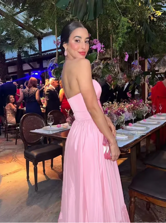 Elegant Pink Strapless Prom Dress A-Line Satin Evening Gown Party Dress Long Formal Dress TP4790