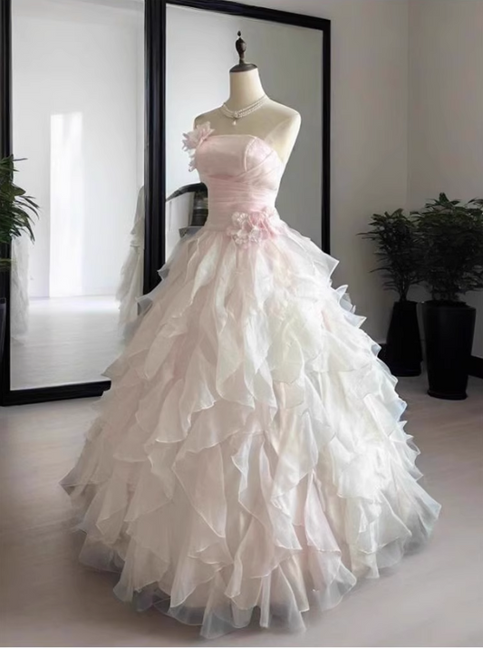 Chic Light Pink A-Line Evening Gown Strapless 3D Flowers Ball Gown Long Ruffled Tulle Formal Dress TP4912