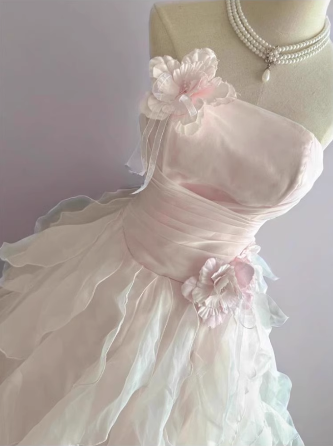Chic Light Pink A-Line Evening Gown Strapless 3D Flowers Ball Gown Long Ruffled Tulle Formal Dress TP4912