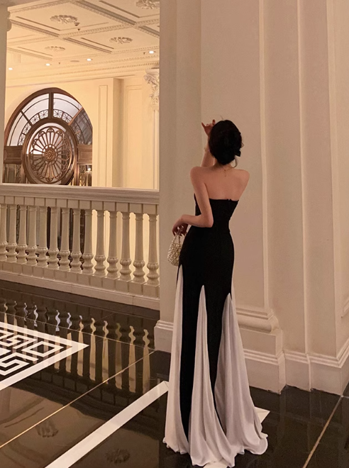 Vintage Elegant Black & White Strapless A-Line Chiffon Mermaid Evening Gown TP5123