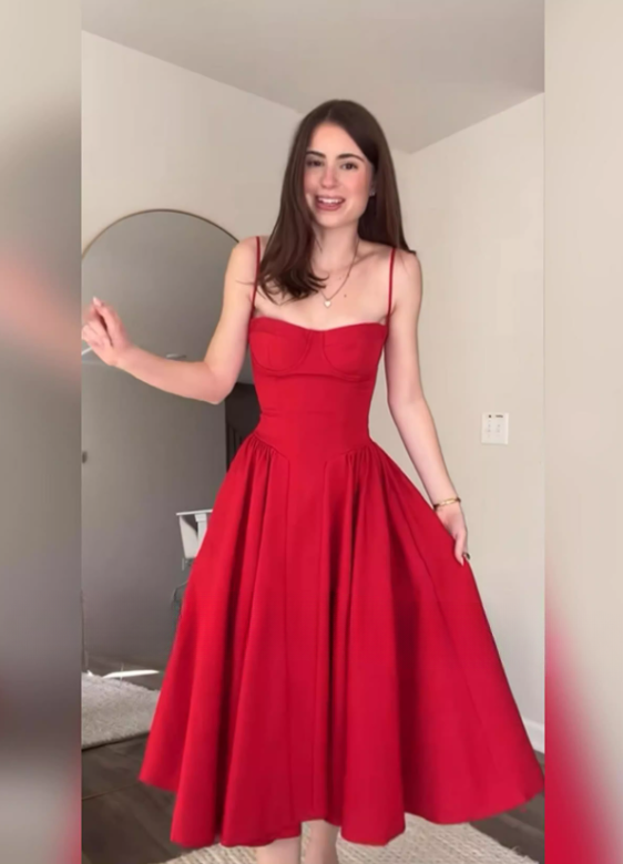 Vintage-Inspired Elegant Red Spaghetti Strap Midi A-Line Evening Dress TP5128