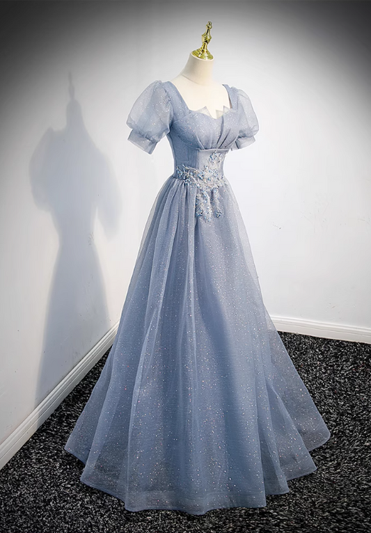 Enchanting Powder Blue Glitter Tulle Puff Sleeves & Floral Lace Embellishment Quinceañera Formal Dress TP5141